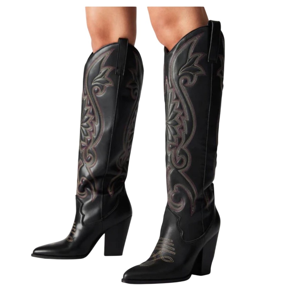 Steve Madden Black Western Embroidered Knee High Boots 8.5 Block Heel
